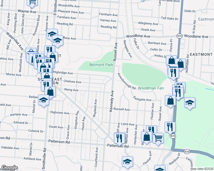 map of restaurants, bars, coffee shops, grocery stores, and more near 2405 Kennedy Avenue in Dayton