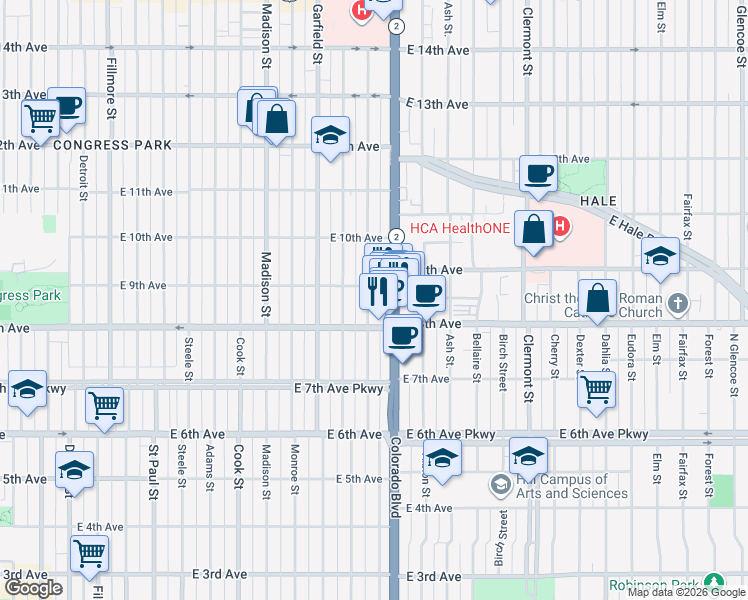 map of restaurants, bars, coffee shops, grocery stores, and more near 864 Harrison Street in Denver
