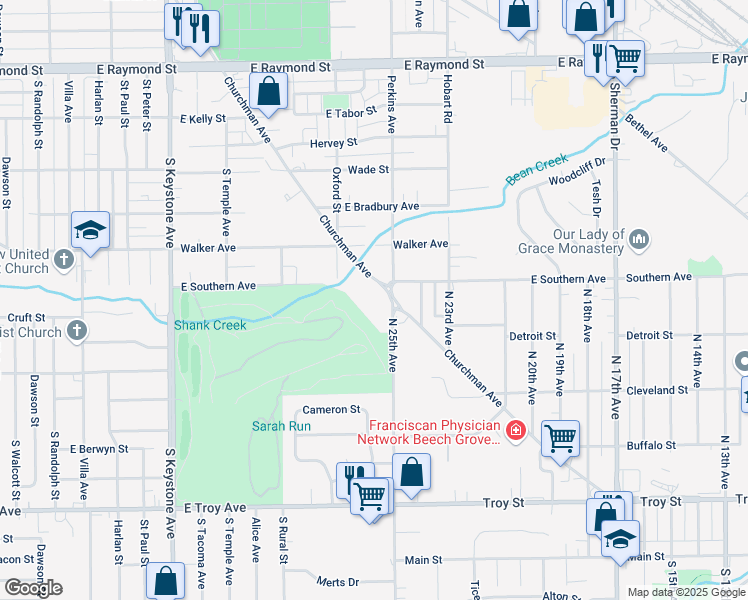 map of restaurants, bars, coffee shops, grocery stores, and more near 2860 Churchman Avenue in Indianapolis