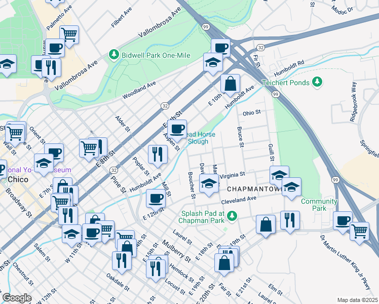 map of restaurants, bars, coffee shops, grocery stores, and more near 1092 Humboldt Avenue in Chico