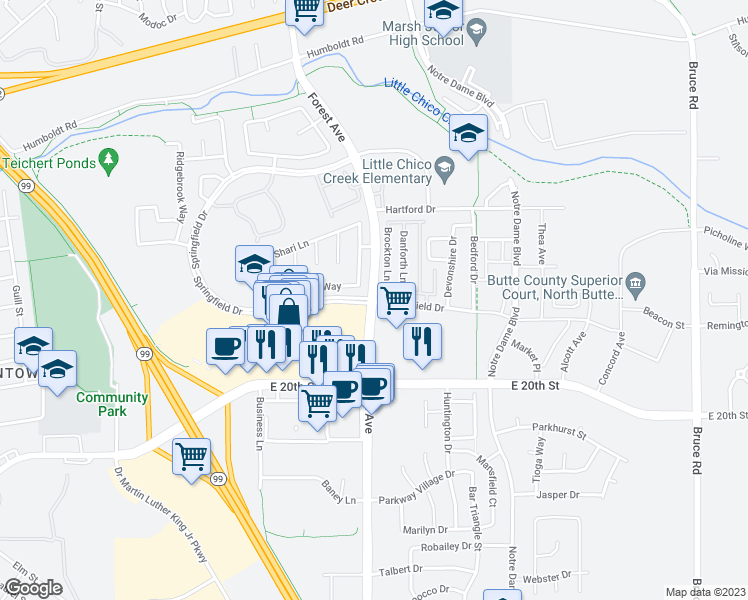 map of restaurants, bars, coffee shops, grocery stores, and more near Forest Ave & Springfield Dr in Chico