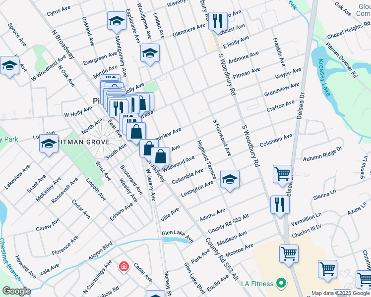 map of restaurants, bars, coffee shops, grocery stores, and more near 141 Crafton Avenue in Pitman