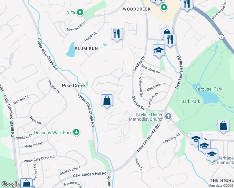 map of restaurants, bars, coffee shops, grocery stores, and more near 3246 Brookline Drive in Wilmington