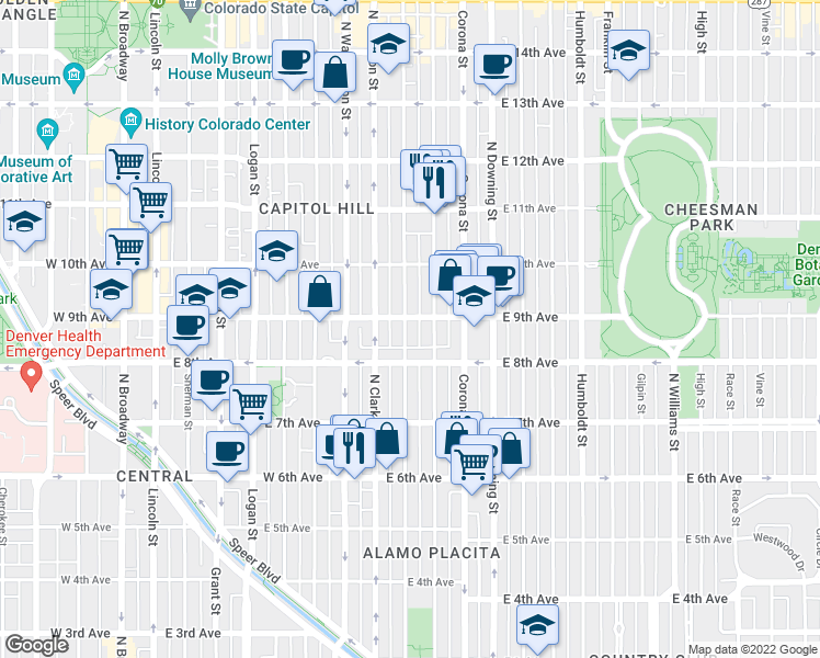 map of restaurants, bars, coffee shops, grocery stores, and more near 860 Emerson Street in Denver
