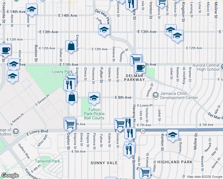 map of restaurants, bars, coffee shops, grocery stores, and more near 909 Galena Street in Aurora
