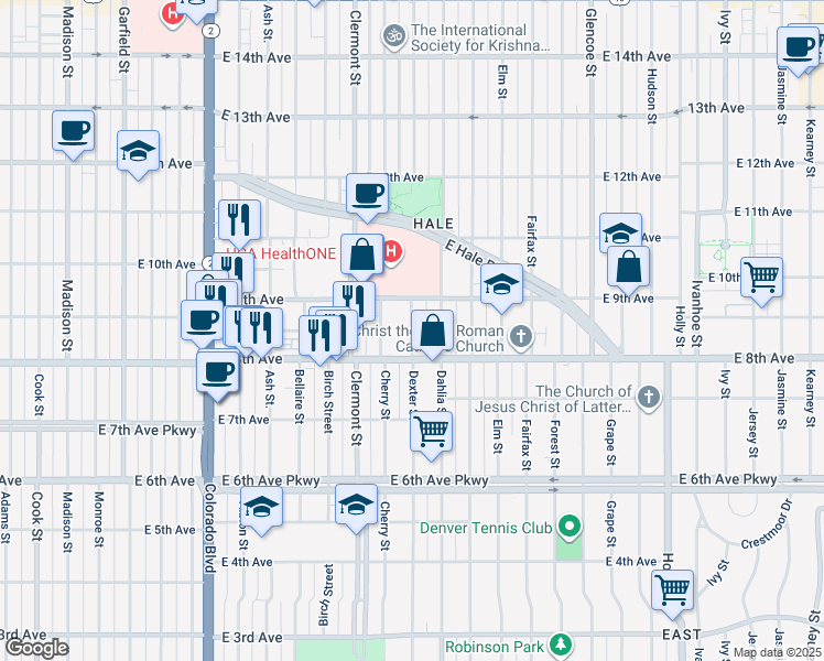 map of restaurants, bars, coffee shops, grocery stores, and more near 870 Dexter Street in Denver