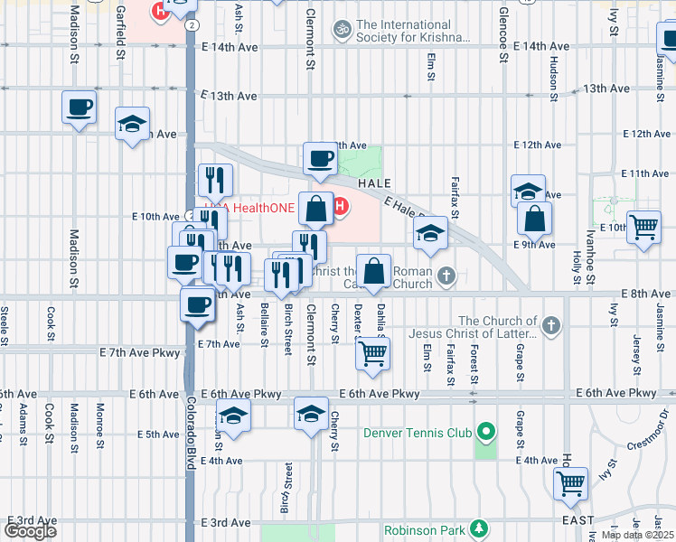 map of restaurants, bars, coffee shops, grocery stores, and more near 861 Cherry Street in Denver