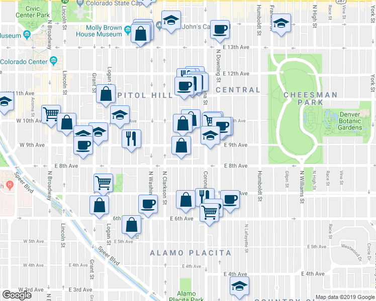 map of restaurants, bars, coffee shops, grocery stores, and more near in Denver