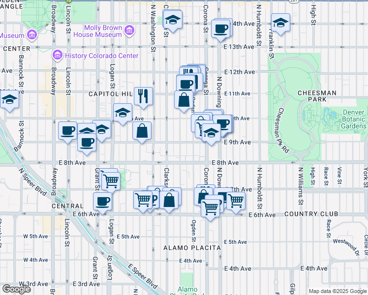 map of restaurants, bars, coffee shops, grocery stores, and more near 854 Emerson Street in Denver