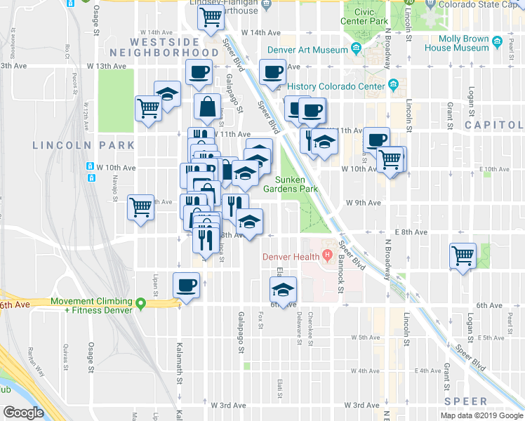 map of restaurants, bars, coffee shops, grocery stores, and more near 877 Fox Street in Denver