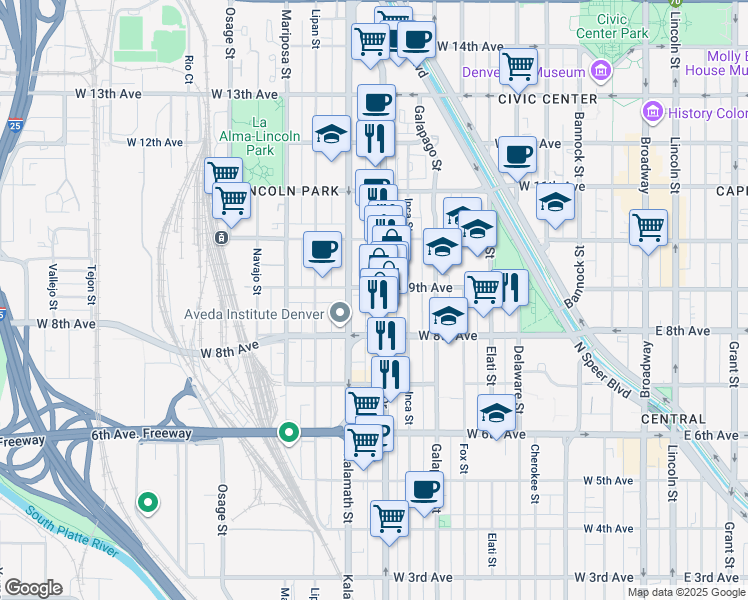 map of restaurants, bars, coffee shops, grocery stores, and more near 871 Santa Fe Drive in Denver