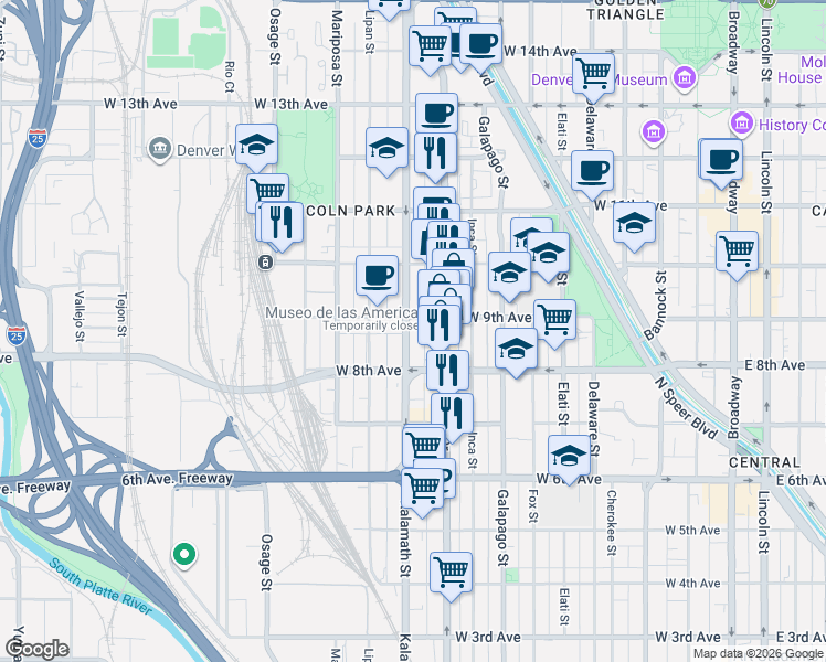 map of restaurants, bars, coffee shops, grocery stores, and more near 996 West 9th Avenue in Denver