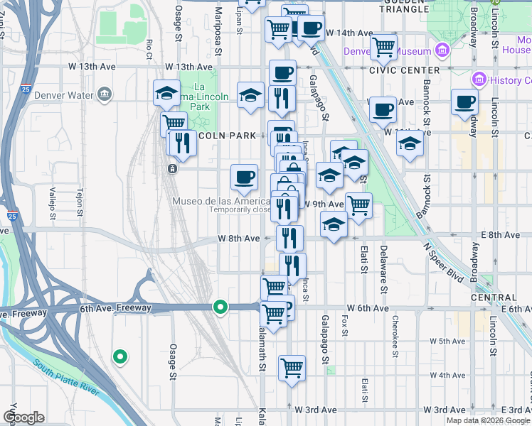 map of restaurants, bars, coffee shops, grocery stores, and more near 996 West 9th Avenue in Denver