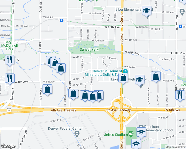 map of restaurants, bars, coffee shops, grocery stores, and more near 10310 West 8th Place in Lakewood