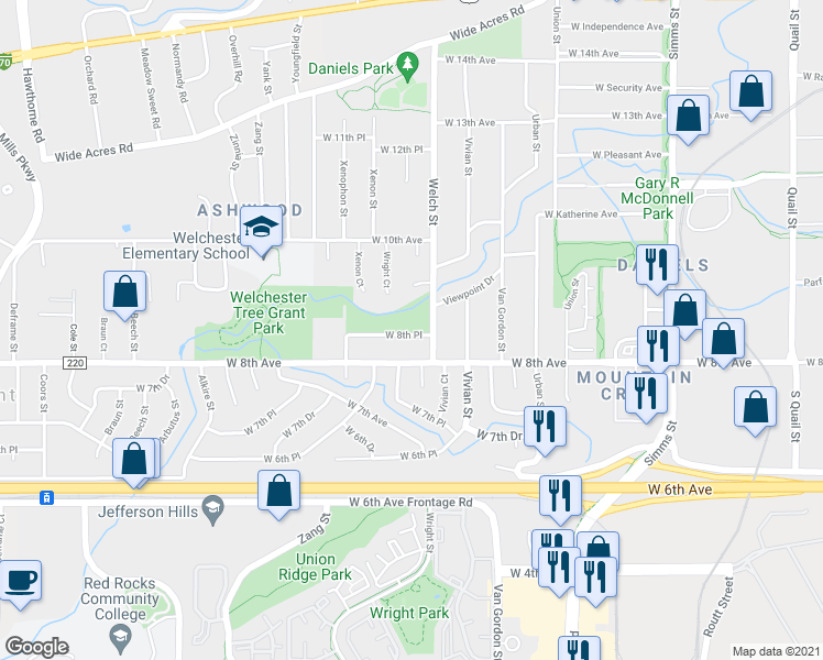 map of restaurants, bars, coffee shops, grocery stores, and more near 862 Welch Street in Golden
