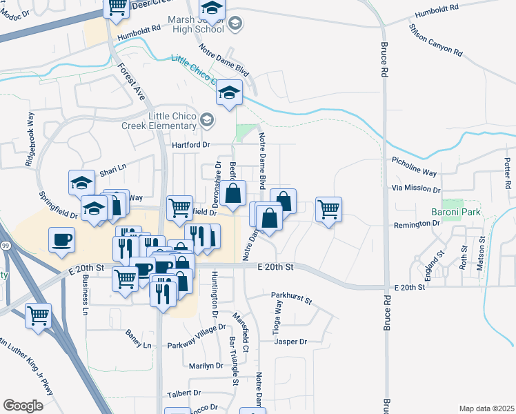 map of restaurants, bars, coffee shops, grocery stores, and more near 1888 Notre Dame Boulevard in Chico