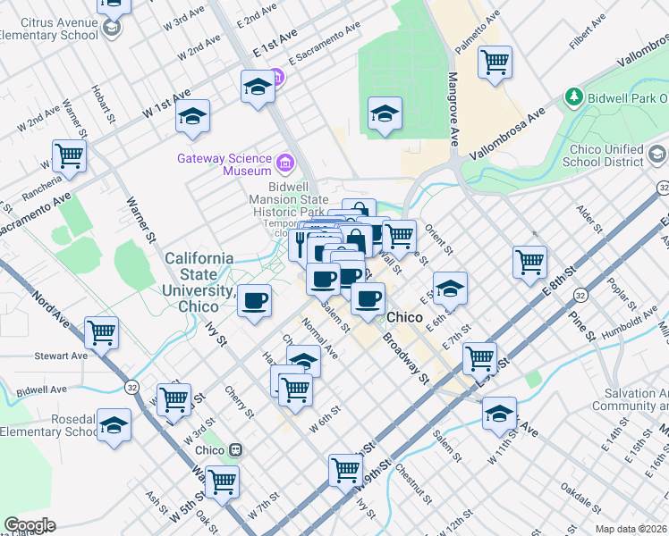 map of restaurants, bars, coffee shops, grocery stores, and more near in Chico