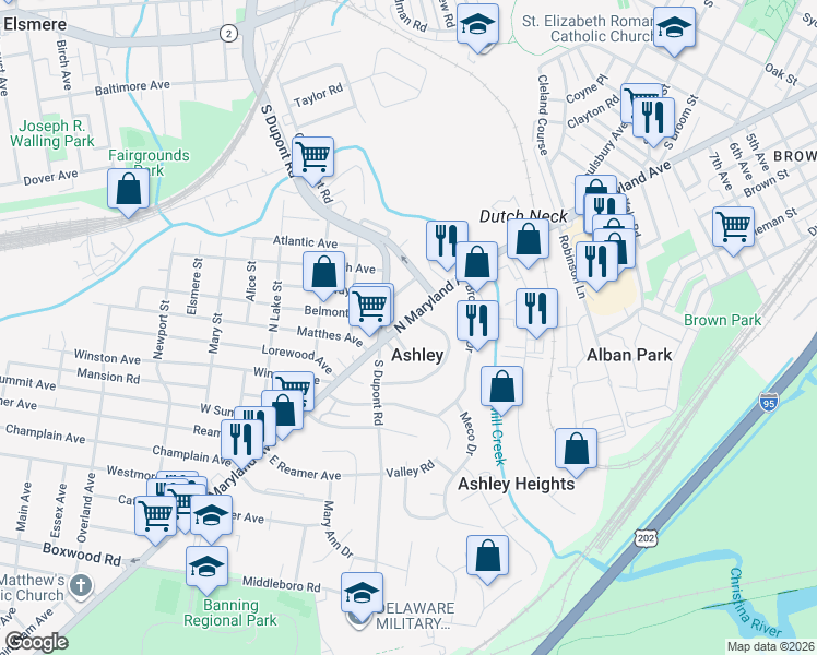 map of restaurants, bars, coffee shops, grocery stores, and more near 213 North Maryland Avenue in Wilmington
