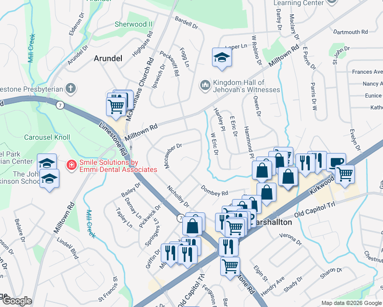 map of restaurants, bars, coffee shops, grocery stores, and more near 4509 Pickwick Drive in Wilmington