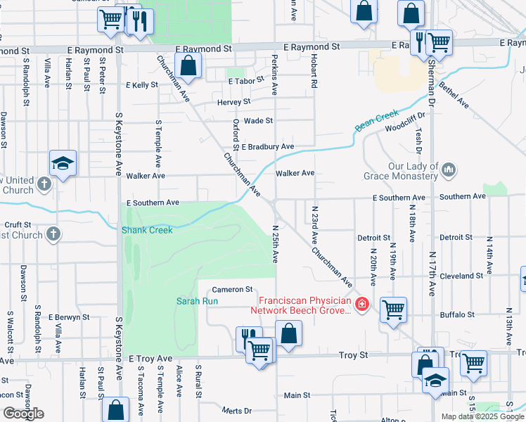 map of restaurants, bars, coffee shops, grocery stores, and more near 2891 Churchman Avenue in Indianapolis