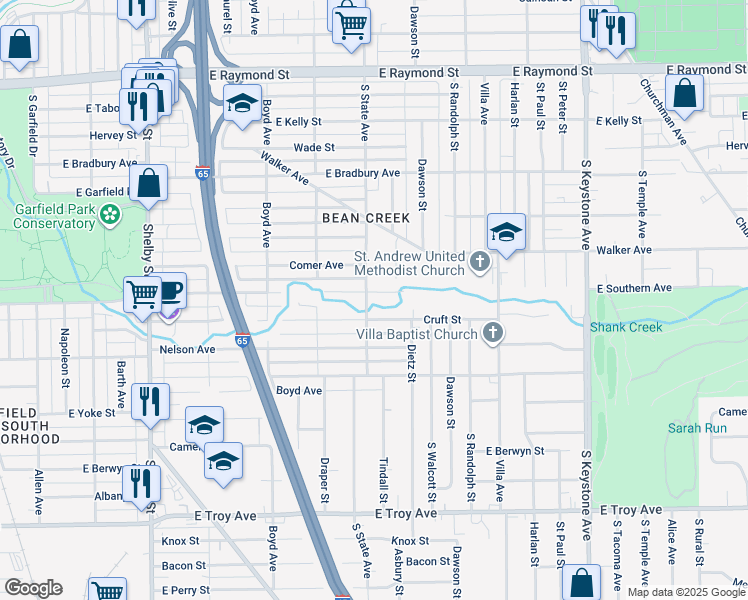 map of restaurants, bars, coffee shops, grocery stores, and more near 2557 South State Avenue in Indianapolis