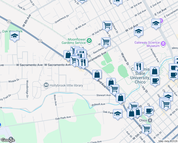 map of restaurants, bars, coffee shops, grocery stores, and more near 795 Nord Avenue in Chico