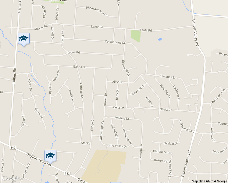 map of restaurants, bars, coffee shops, grocery stores, and more near 1447 Betty Dr in Beavercreek