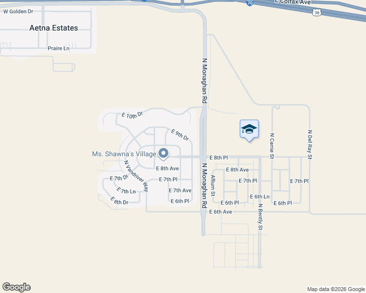 map of restaurants, bars, coffee shops, grocery stores, and more near 27934 East 9th Drive in Watkins