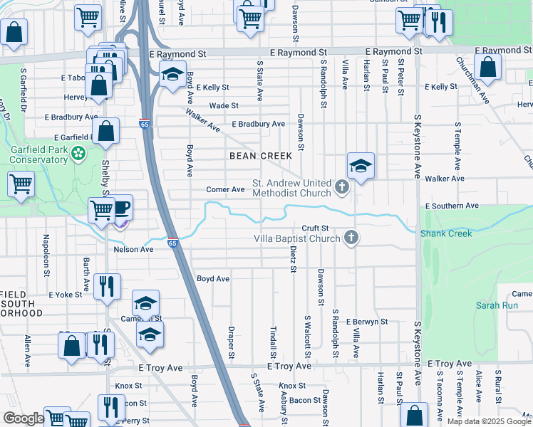 map of restaurants, bars, coffee shops, grocery stores, and more near 2557 South State Avenue in Indianapolis