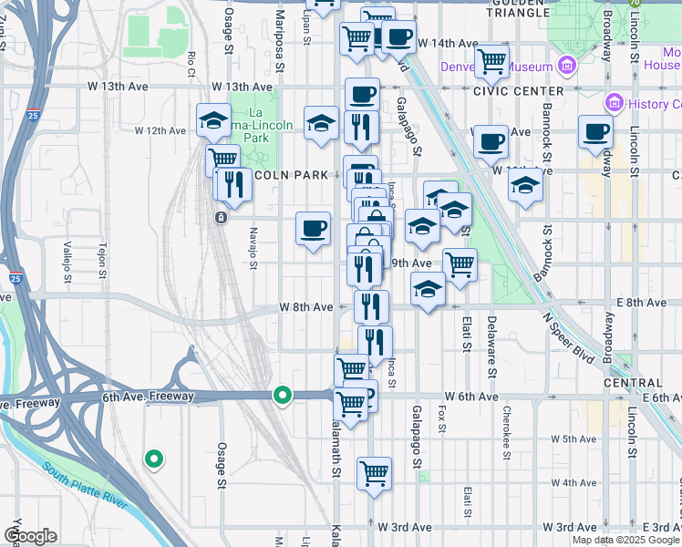 map of restaurants, bars, coffee shops, grocery stores, and more near 996 West 9th Avenue in Denver