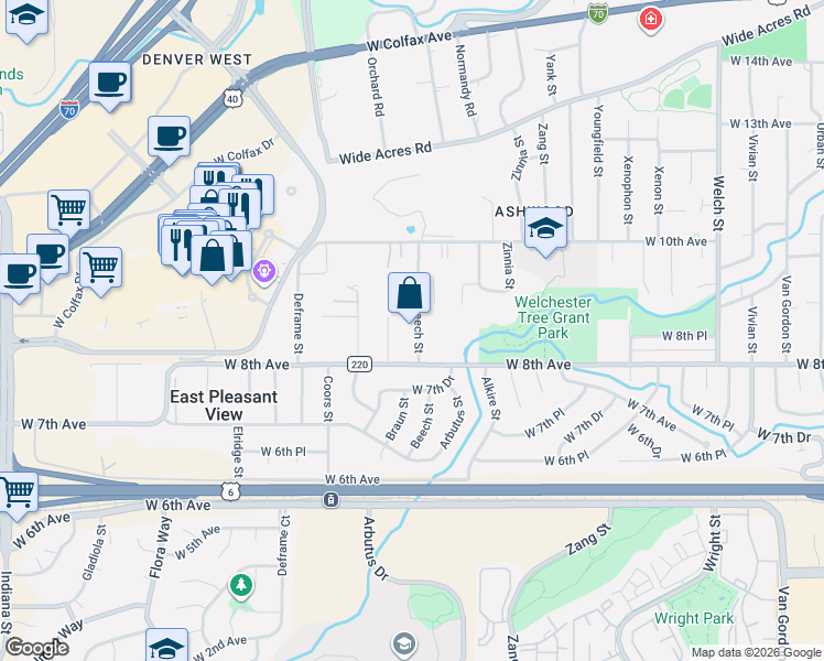 map of restaurants, bars, coffee shops, grocery stores, and more near 881 Beech Street in Golden