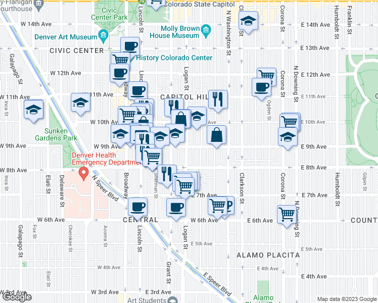 map of restaurants, bars, coffee shops, grocery stores, and more near in Denver