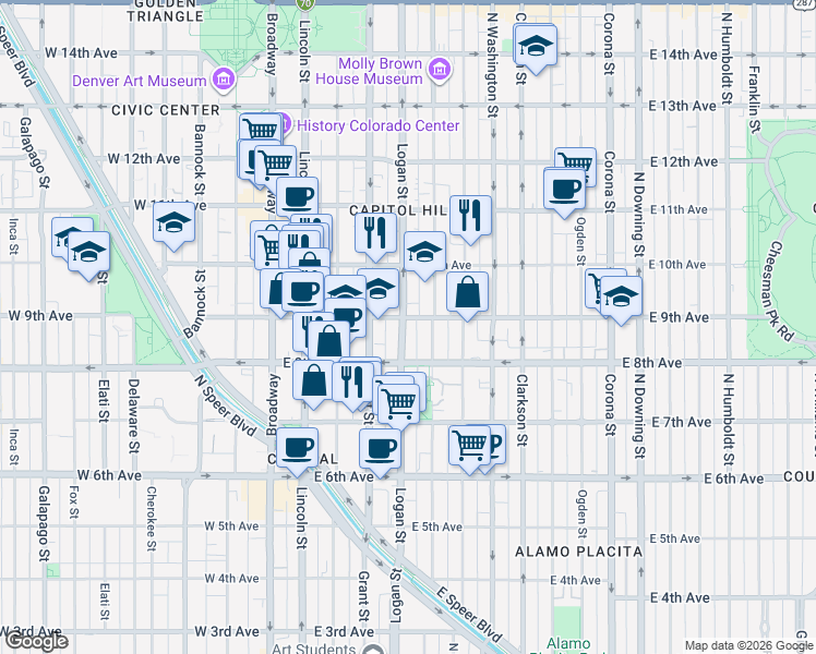 map of restaurants, bars, coffee shops, grocery stores, and more near in Denver