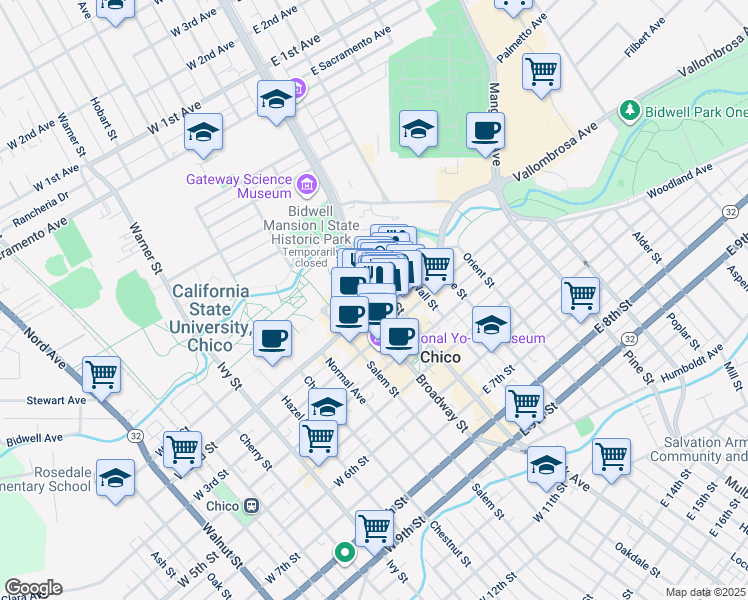 map of restaurants, bars, coffee shops, grocery stores, and more near 120 West 2nd Street in Chico