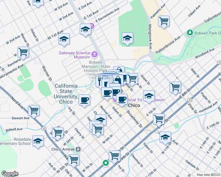 map of restaurants, bars, coffee shops, grocery stores, and more near 200 West 1st Street in Chico
