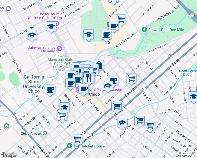 map of restaurants, bars, coffee shops, grocery stores, and more near in Chico