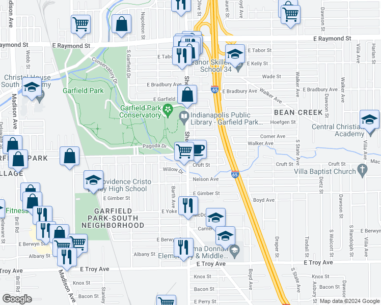 map of restaurants, bars, coffee shops, grocery stores, and more near 2605 Shelby Street in Indianapolis