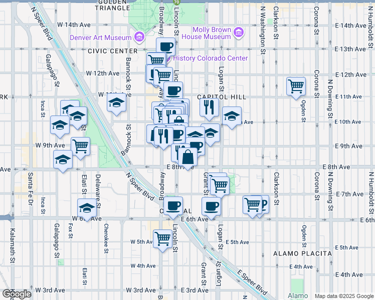 map of restaurants, bars, coffee shops, grocery stores, and more near 190 East 9th Avenue in Denver