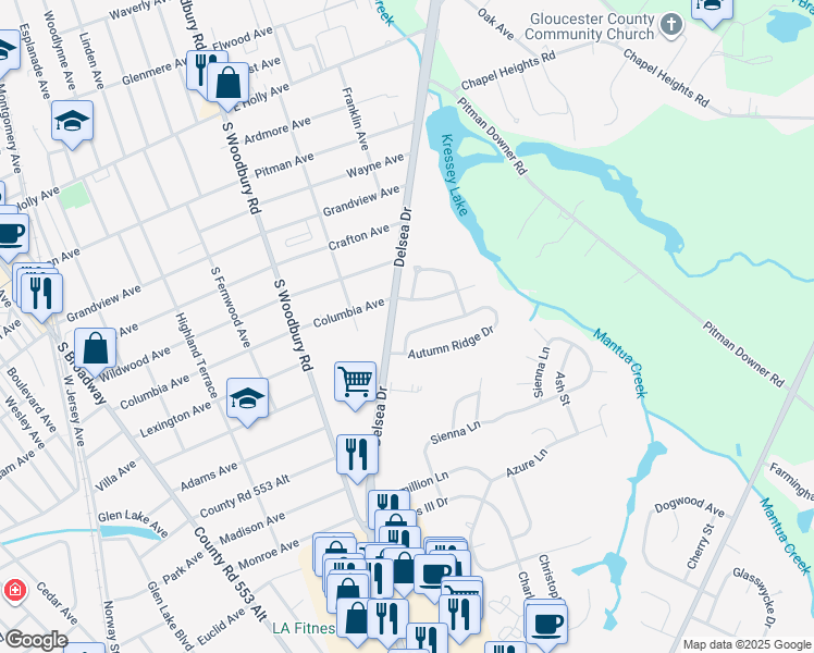 map of restaurants, bars, coffee shops, grocery stores, and more near 11 Autumn Ridge Drive in Glassboro