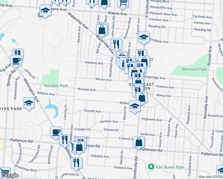 map of restaurants, bars, coffee shops, grocery stores, and more near 807 Nordale Avenue in Dayton