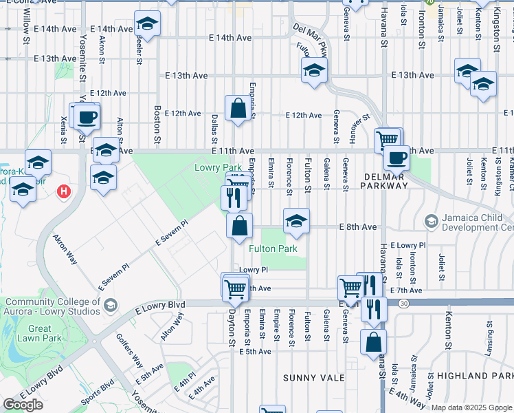 map of restaurants, bars, coffee shops, grocery stores, and more near 988 Emporia Street in Aurora