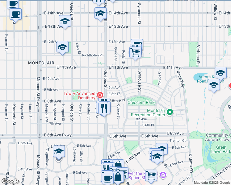 map of restaurants, bars, coffee shops, grocery stores, and more near 7384 East 9th Avenue in Denver