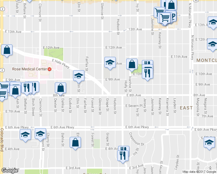 map of restaurants, bars, coffee shops, grocery stores, and more near 865 Grape Street in Denver