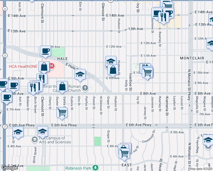 map of restaurants, bars, coffee shops, grocery stores, and more near 865 Grape Street in Denver