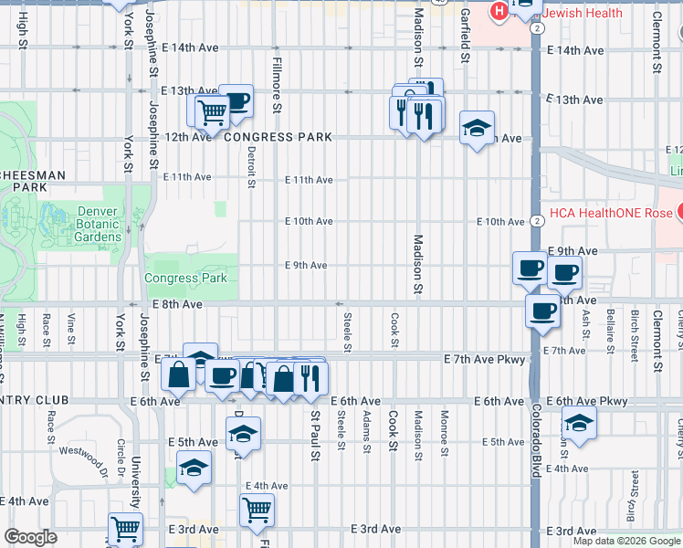 map of restaurants, bars, coffee shops, grocery stores, and more near 884 Saint Paul Street in Denver