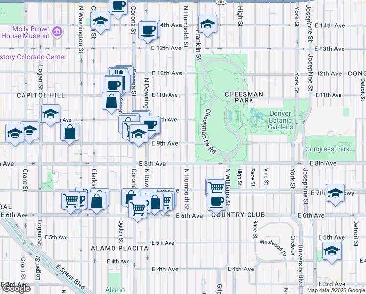 map of restaurants, bars, coffee shops, grocery stores, and more near 1415 East 9th Avenue in Denver