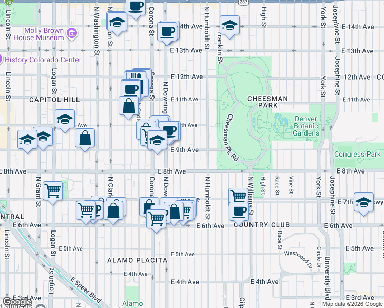 map of restaurants, bars, coffee shops, grocery stores, and more near 1301 East 9th Avenue in Denver