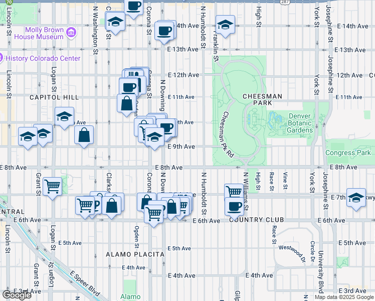map of restaurants, bars, coffee shops, grocery stores, and more near 1301 East 9th Avenue in Denver