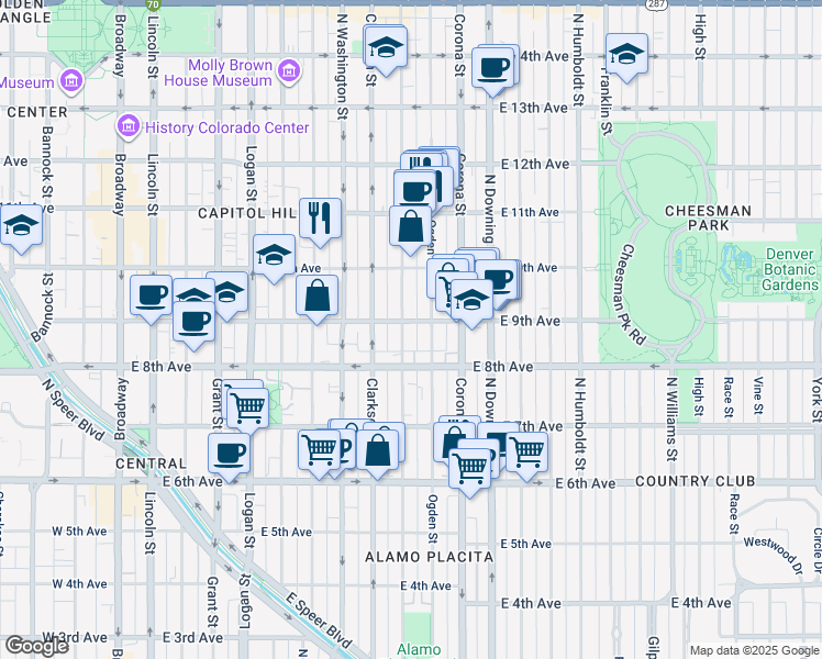 map of restaurants, bars, coffee shops, grocery stores, and more near in Denver