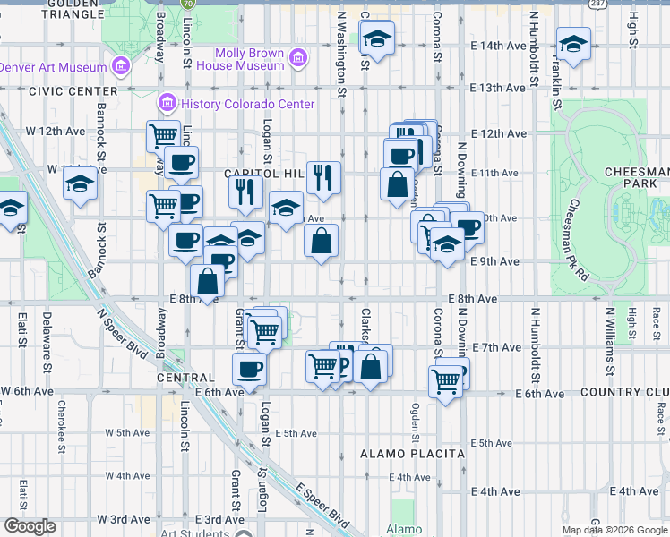 map of restaurants, bars, coffee shops, grocery stores, and more near 901 North Washington Street in Denver